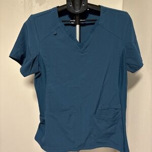 Cherokee iFlex Women's Blue Solid V-Neck Scrub Top Size L Polyester Blend